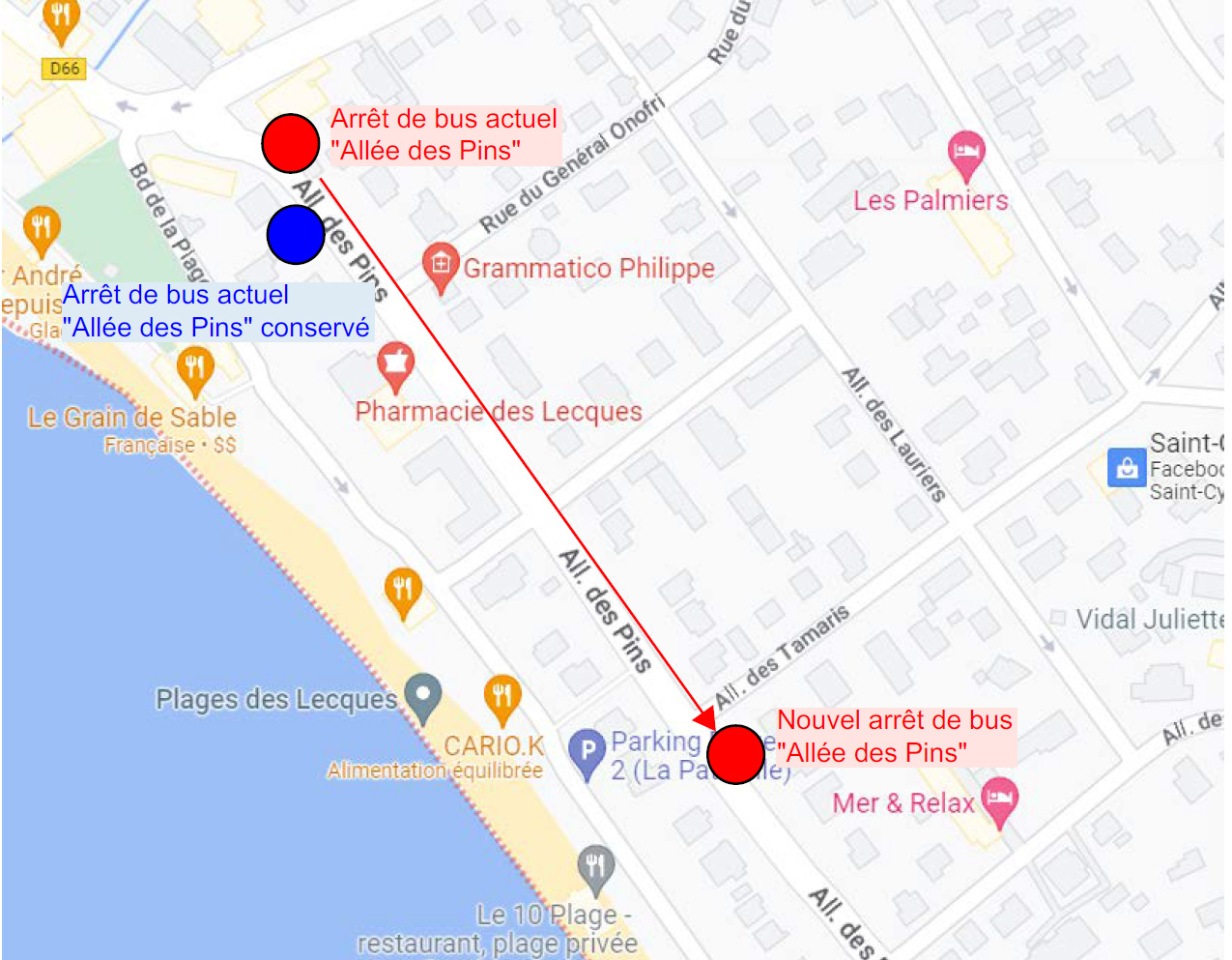 Carte du nouvel arrêt de bus Allée des Pins - ST CYR SUR MER