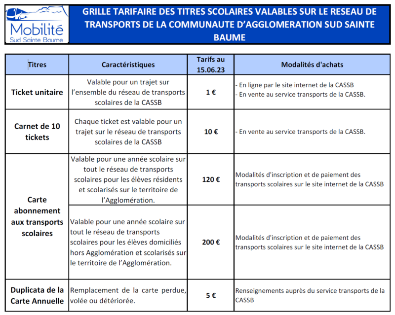 Nouvelle tarification des titres de transports scolaires pour la
